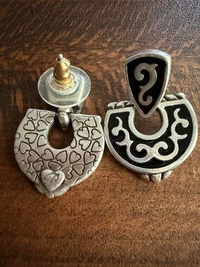 Brighton Silver-Tone Heart & Scroll Post Earrings - Black Enamel Accent